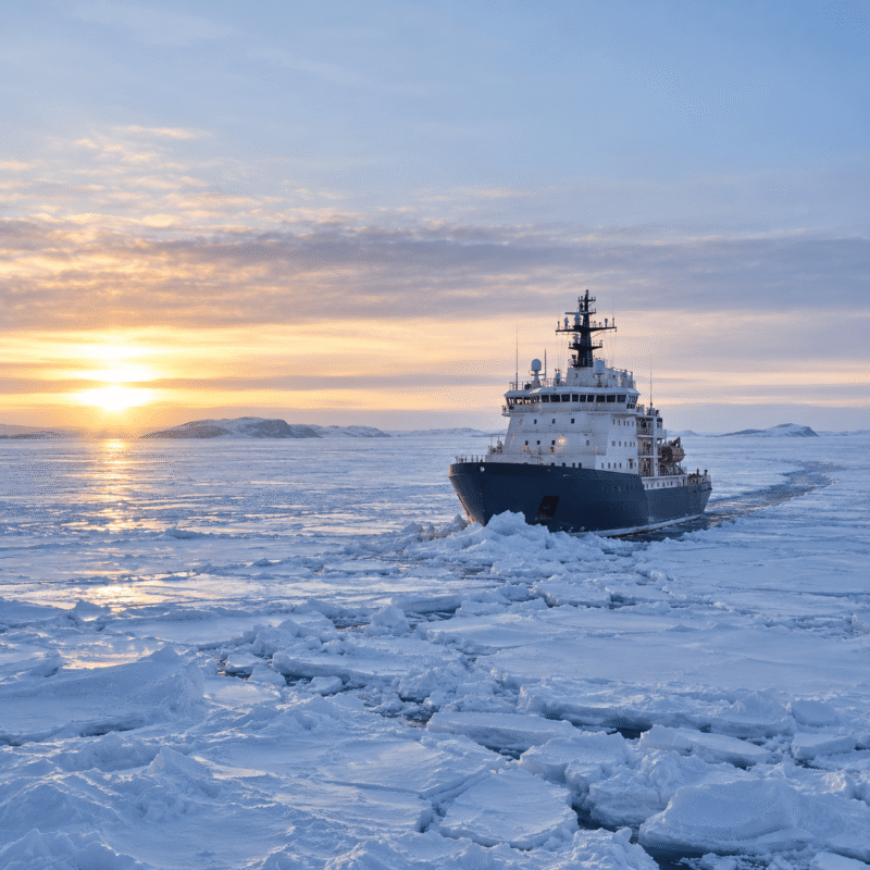 Ice-class vessel and icebreaker operating in heavy sea ice, illustrating marine engineering and ship design expertise.