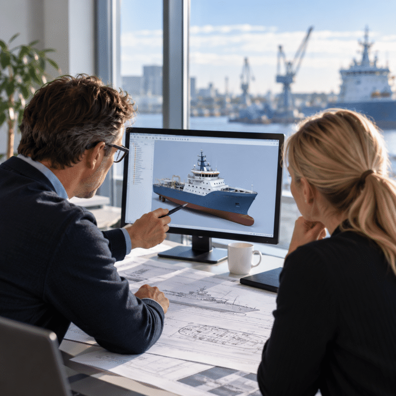 Marine engineers reviewing a 3D ship design and technical drawings.
